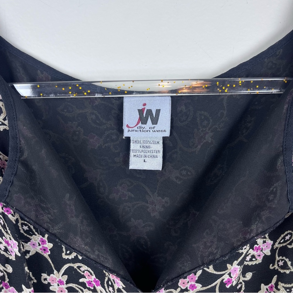 Vintage Y2K Junction West Sleeveless Black Silk Floral Tank Top Blouse Large - Picture 6 of 9